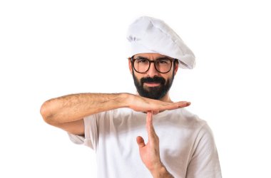 Şef yapım zaman aşımı jest beyaz arka plan üzerinde