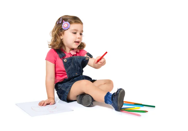 Kid drawing crayons over white background — Stock Photo, Image