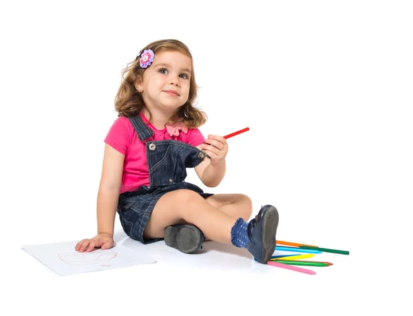 Kid drawing crayons over white background — Stock Photo, Image