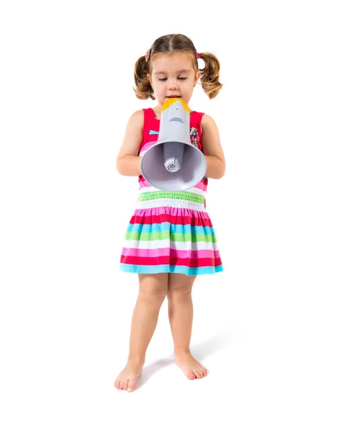 Дитина кричить мегафон на білому тлі — стокове фото