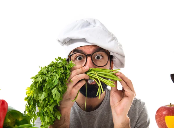Chef hipster loco jugando con verduras — Foto de Stock
