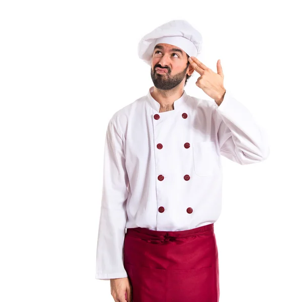 Chef haciendo gesto suicida sobre fondo blanco —  Fotos de Stock