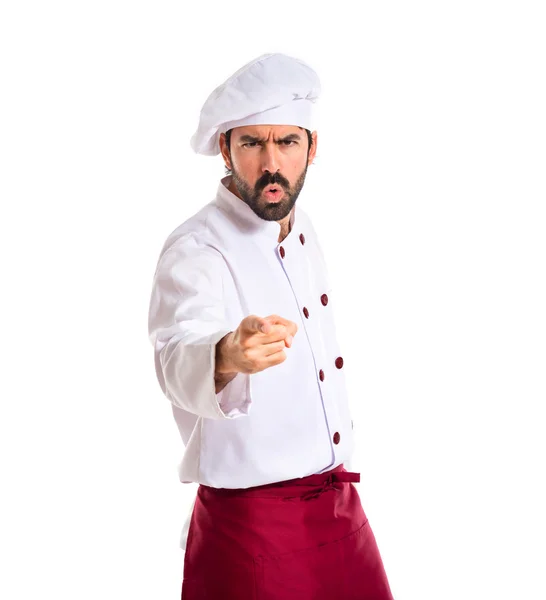 Chef shouting and pointing over white background — Stock Photo, Image