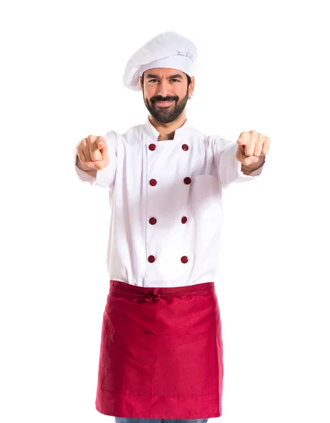 Chef-kok naar de voorkant op witte achtergrond — Stockfoto