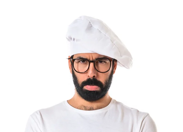 Triste chef sobre fundo branco — Fotografia de Stock