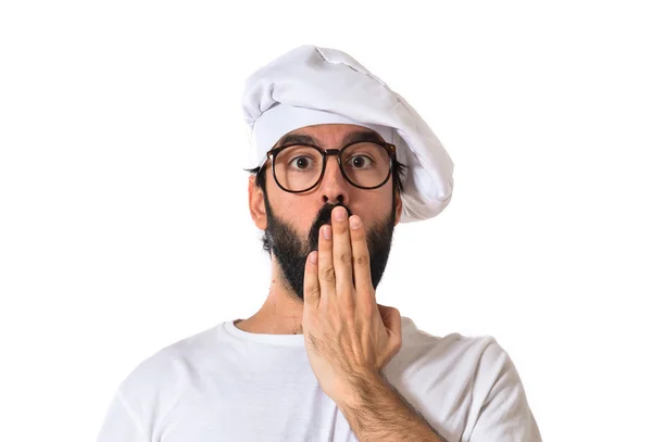 Chef-kok doet verrassing gebaar op witte achtergrond — Stockfoto