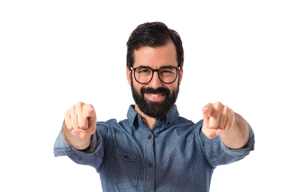 Young hipster man pointing to the front — Stock Photo, Image