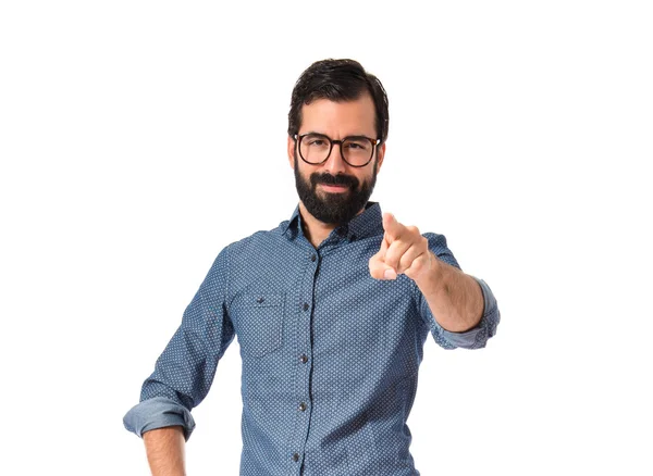 Young hipster man pointing to the front — Stock Photo, Image