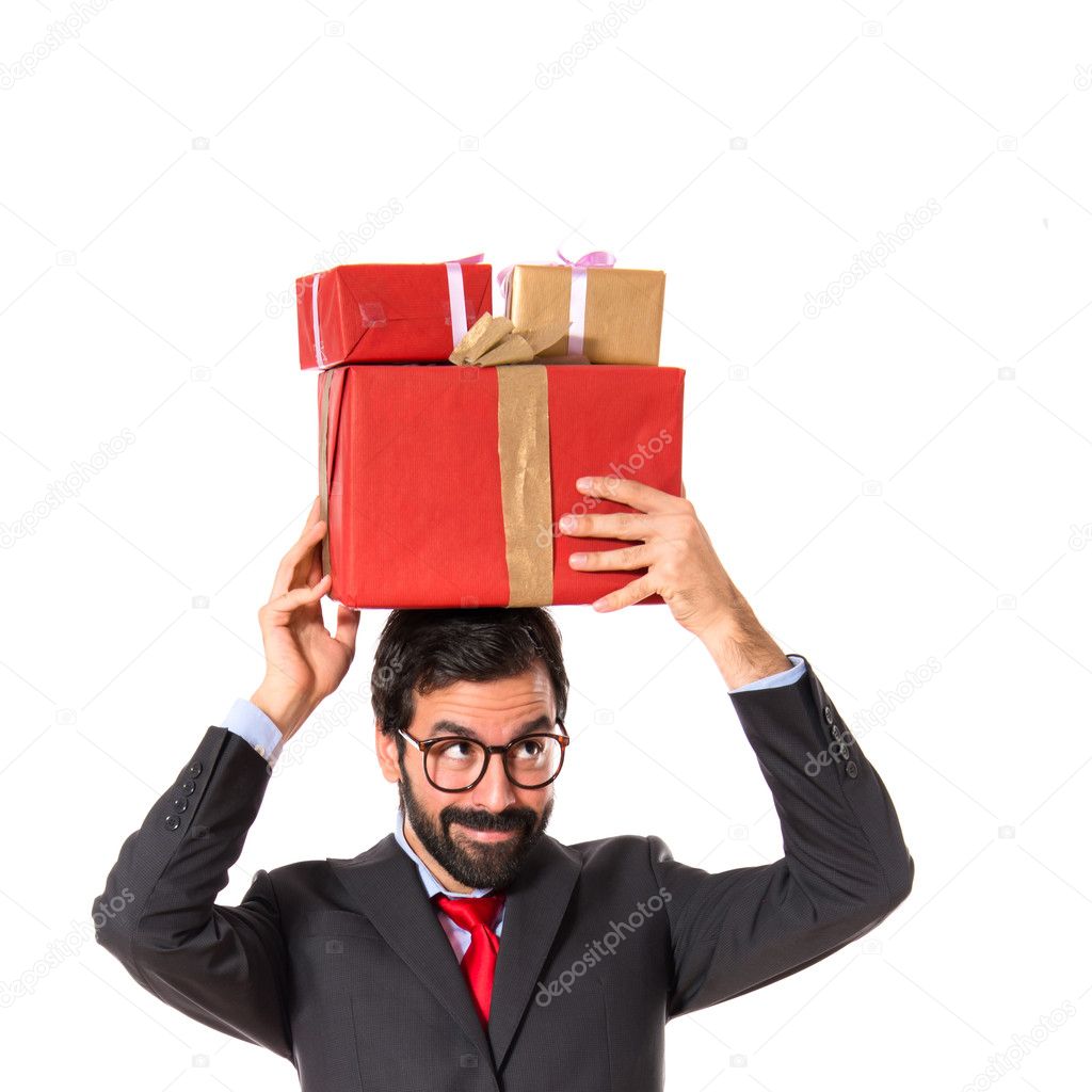 Businessman with several gifts