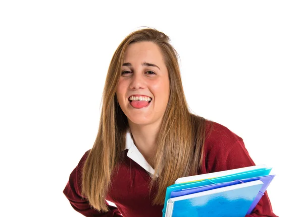 Student doing a joke over isolated white background — Stock Photo, Image