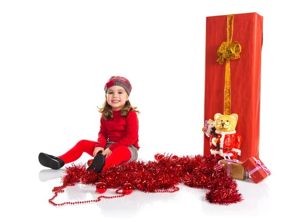 Menina em torno de elementos de Natal — Fotografia de Stock