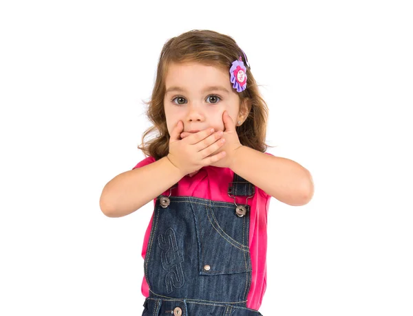 Criança fazendo gesto surpresa sobre fundo branco — Fotografia de Stock