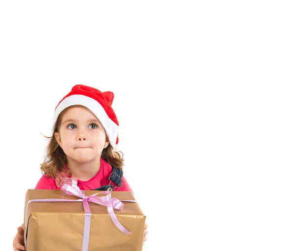 Blonde christmas kid with present — Stock Photo, Image