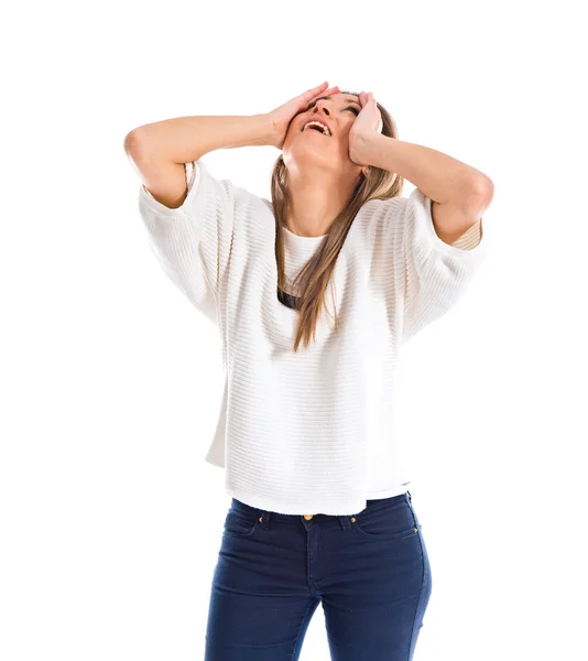 Mujer frustrada sobre fondo blanco — Foto de Stock