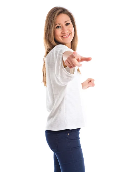 Mujer señalando hacia el frente — Foto de Stock