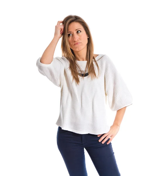 Woman thinking over white background — Stock Photo, Image