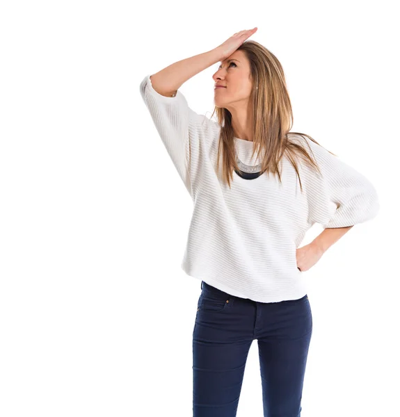 Mujer frustrada sobre fondo blanco — Foto de Stock