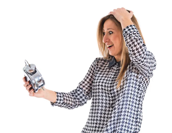 Woman holding vintage clock — Stock Photo, Image