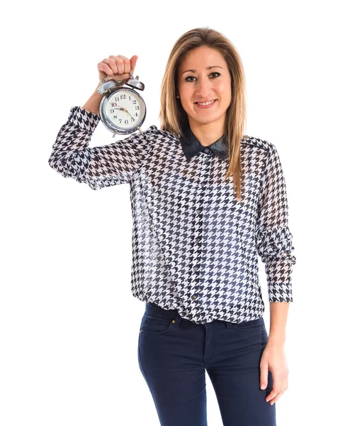 Woman holding vintage clock — Stock Photo, Image