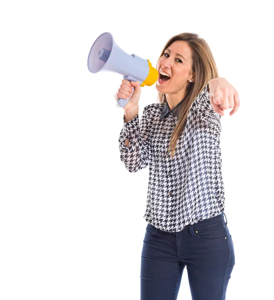 Žena křičí megafon — Stock fotografie
