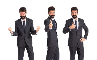 Beyaz arka plan üzerinde başparmak ile işadamı