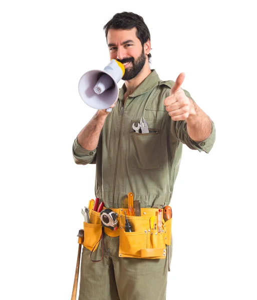 Mechanic shouting by megaphone — Stock Fotó