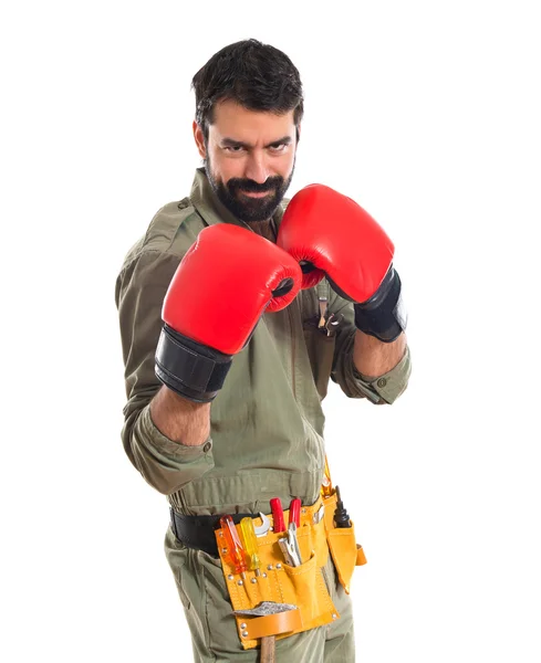 Mechanic with boxing gloves — Stock Photo, Image