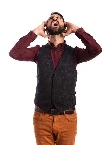 Homem frustrado vestindo colete — Fotografia de Stock