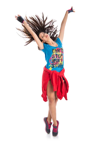 Młoda kobieta tańczy taniec ulicy — Zdjęcie stockowe