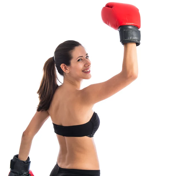 Happy sport woman with boxing gloves — Stock Photo, Image