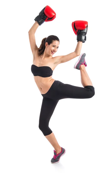 Mulher esporte feliz com luvas de boxe — Fotografia de Stock