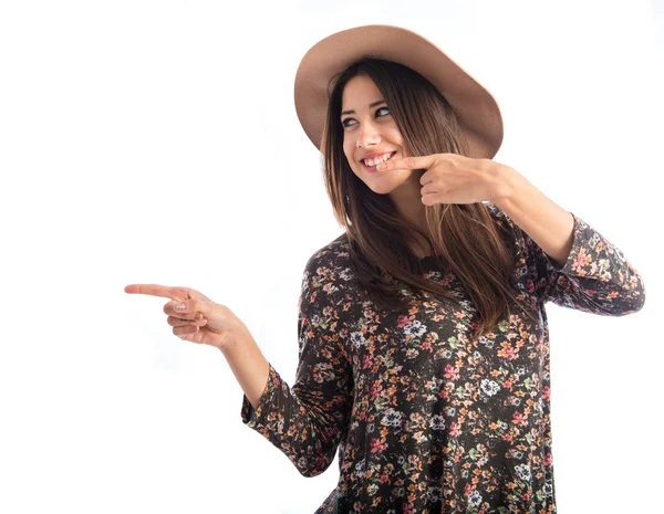 Mujer señalando lateral —  Fotos de Stock