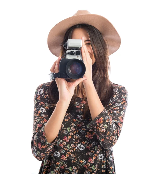 Vrouw met vintage video camera — Stockfoto