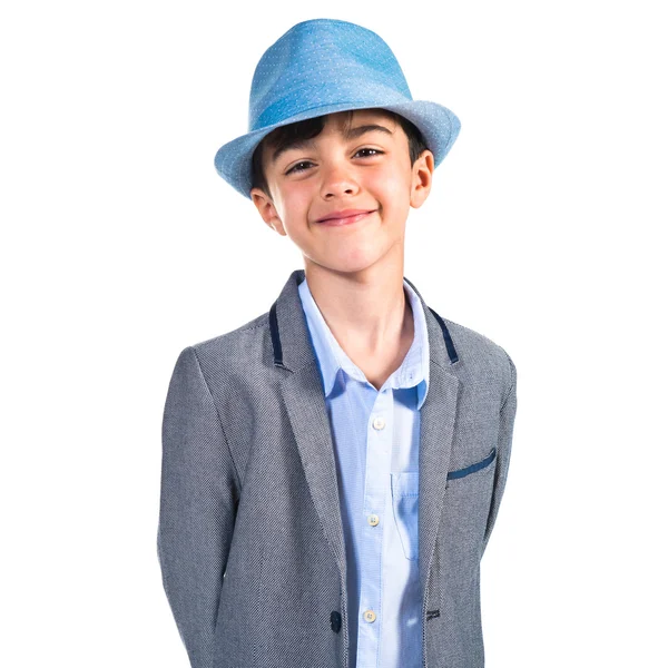 Criança feliz usando chapéu azul — Fotografia de Stock