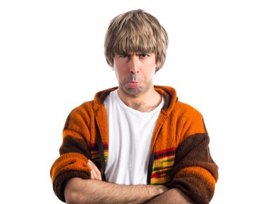 Beyaz arka plan üzerinde üzgün adam