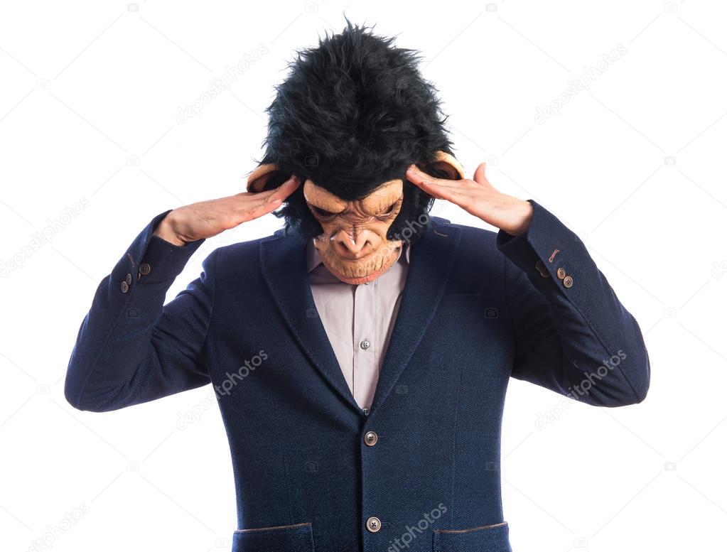 frustrated monkey man over white background