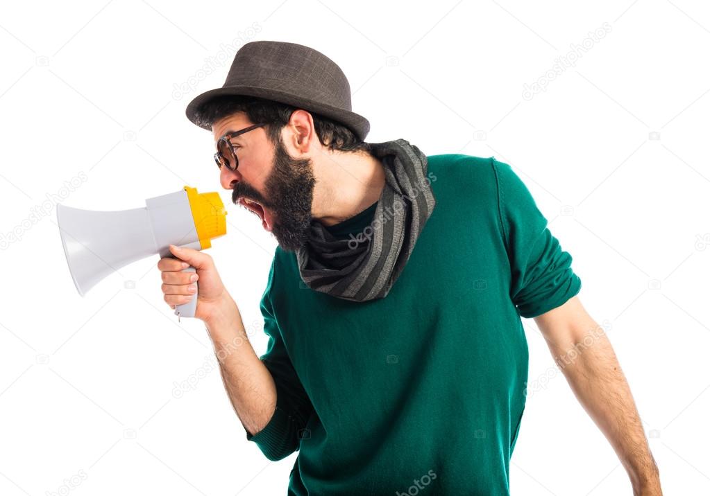 Man shouting by megaphone