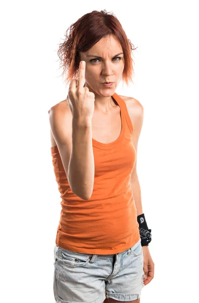 Woman making horn gesture — Stock Photo, Image