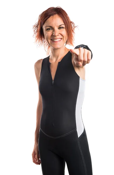 Woman pointing to the front — Stock Photo, Image