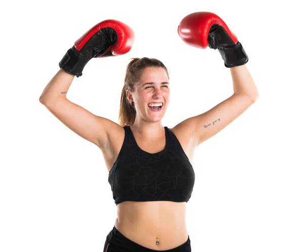 Lycklig tjej med boxhandskar — Stockfoto