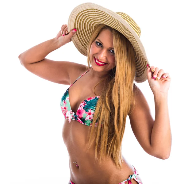 Happy woman in bikini with pamela — Stock Photo, Image