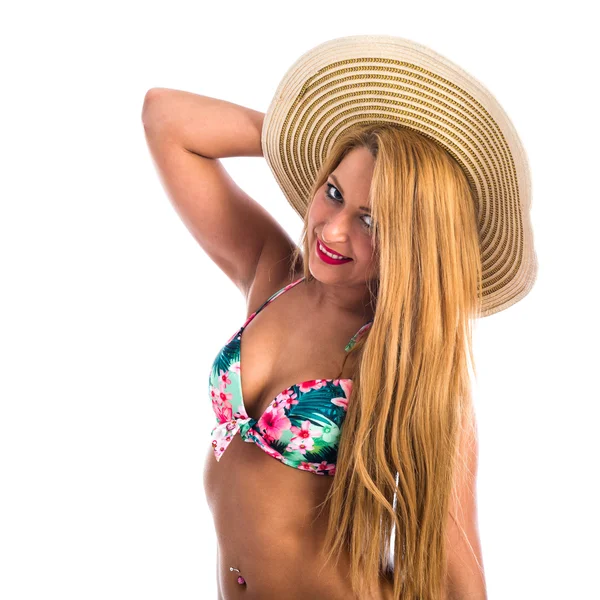 Young woman in bikini with pamela — Stock Photo, Image