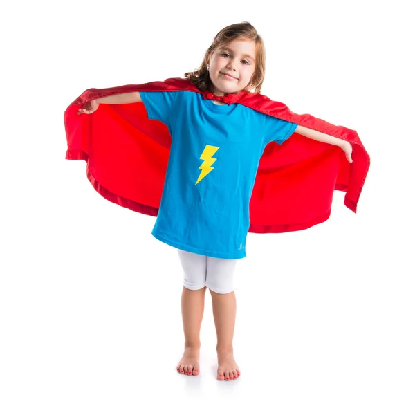 Girl dressed like superhero making fly gesture — Stock Photo, Image