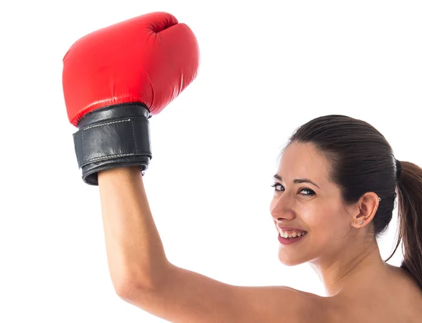 Mulher esporte feliz com luvas de boxe — Fotografia de Stock