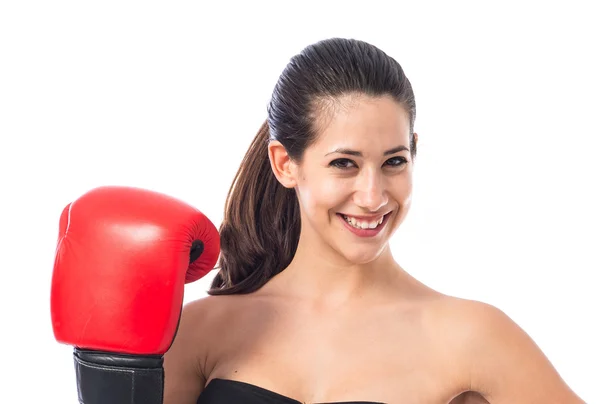 Mulher esporte feliz com luvas de boxe — Fotografia de Stock