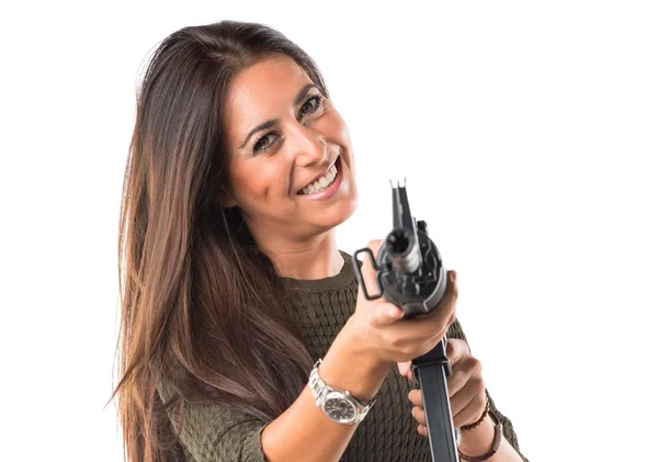 Woman shouting a SMG — Stock Photo, Image