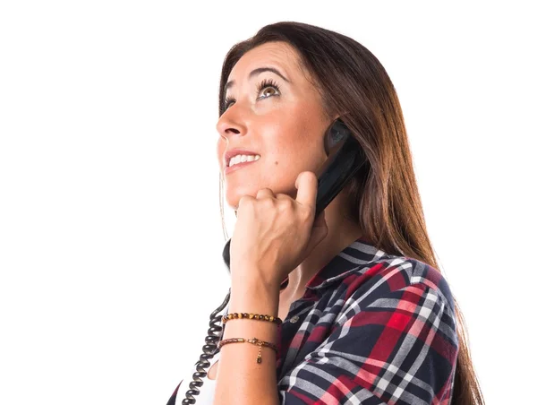 Mulher falando com telefone vintage — Fotografia de Stock