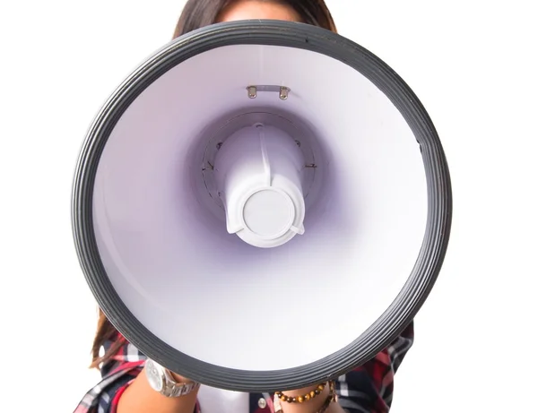 Woman shouting by megaphone — Stock Photo, Image