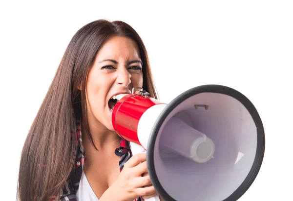 Mulher gritando por megafone — Fotografia de Stock