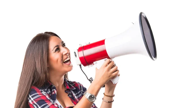 Mujer gritando por megáfono —  Fotos de Stock